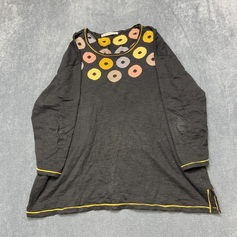 Mansted Top Women XL Black Embroidered Circle Cotton Casual Side Slit Round Neck